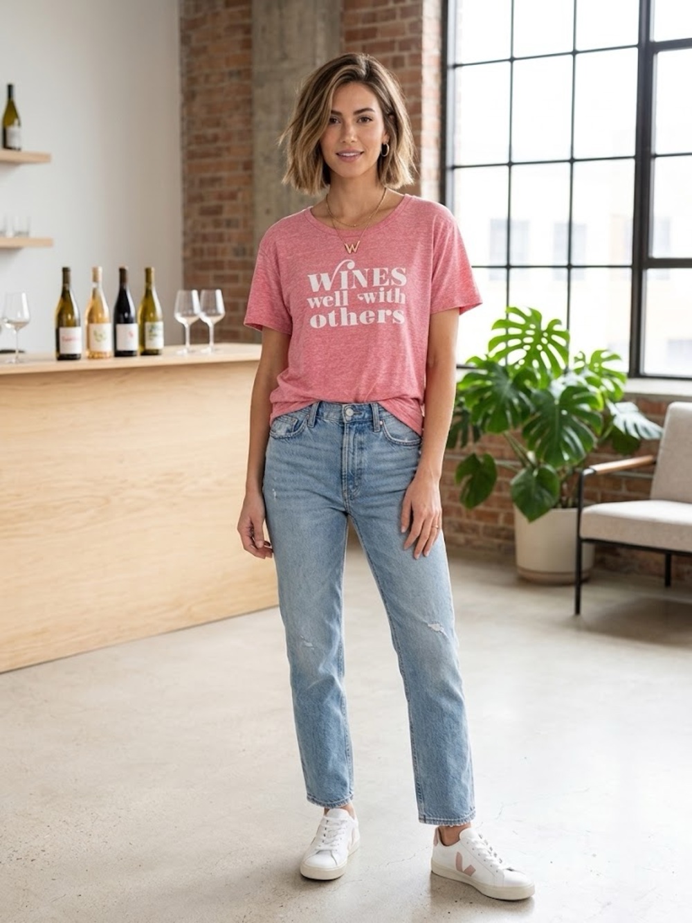 Wines Well with Others Women’s Casual Light Pink T-Shirt Tee